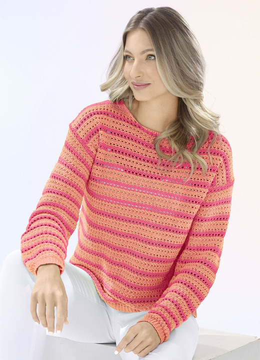 Damen - Pullover in Ringelmuster, in Größe L(44/46) bis XS(32/34), in Farbe APRICOT-KORALLE Ansicht 1
