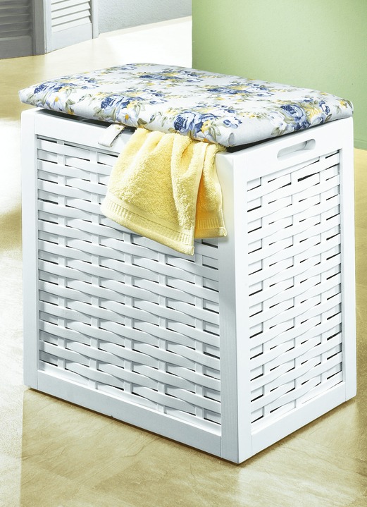 - Wäschesitzhocker mit blau geblümtem Bezug, in Farbe WEISS-BLAU