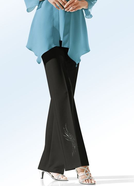 Hosen mit Knopf- und Reissverschluss - Hose mit schmückendem Strasszier-Motiv, in Größe 018 bis 092, in Farbe SCHWARZ Ansicht 1
