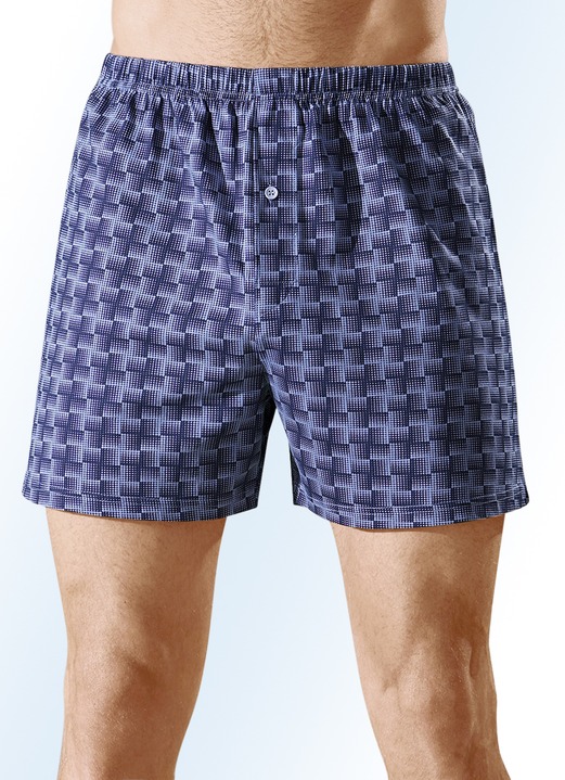 Herrenunterwäsche - Viererpack Boxershorts mit knöpfbarem Eingriff, bunt dessiniert, in Größe 005 bis 016, in Farbe 2X MARINE-HELLBLAU, 2X SCHWARZ-STEINGRAU Ansicht 1
