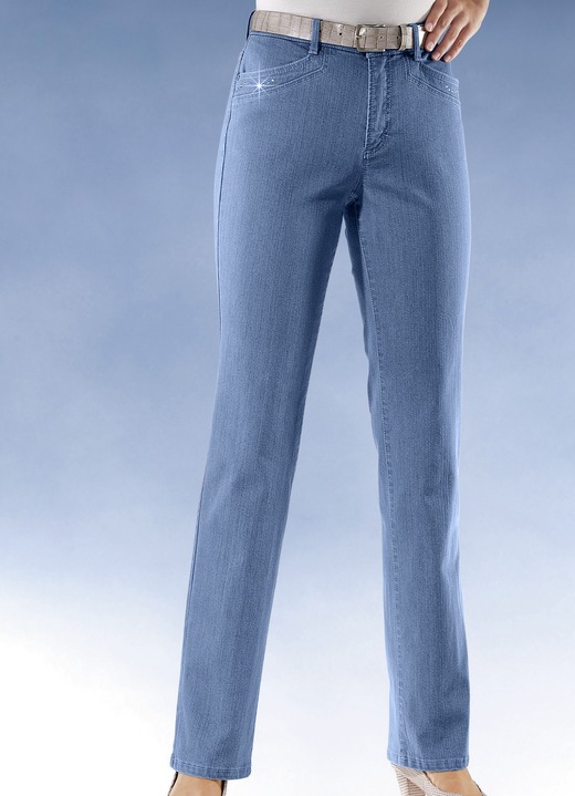 Hosen mit Knopf- und Reissverschluss - Komfortjeans verziert mit Strasssteinen in 6 Farben, in Größe 018 bis 054, in Farbe JEANSBLAU Ansicht 1