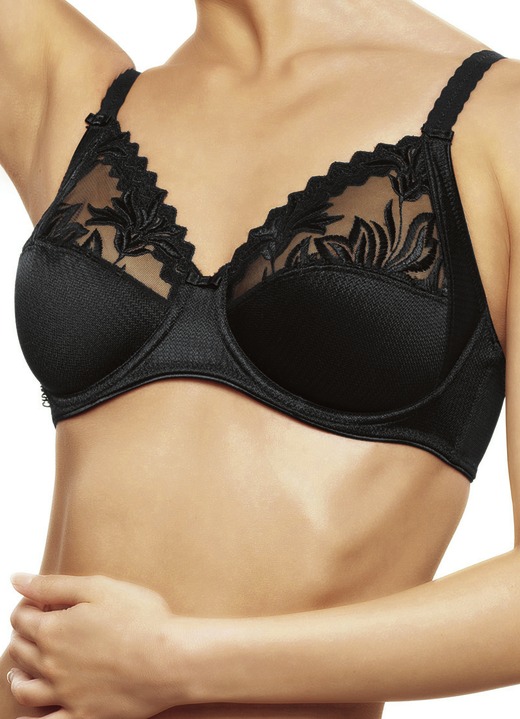 Damenunterwäsche - Chantelle Bügel-BH mit Stickereispitze in den Obercups, in Größe 070 bis 100, in Cup E, in Farbe SCHWARZ