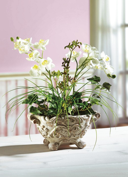 Kunst- & Textilpflanzen - Orchideen-Gesteck im Tontopf, in Farbe