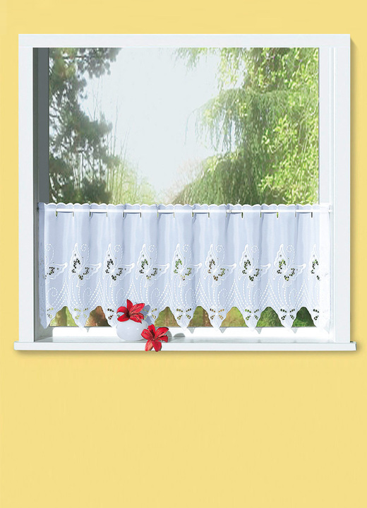 Kurzgardinen - Hochwertiger Kurzstore mit Plauener Stickerei, in Größe 790 (45x148 cm) bis 894 (100x150 cm), in Farbe WEISS Ansicht 1
