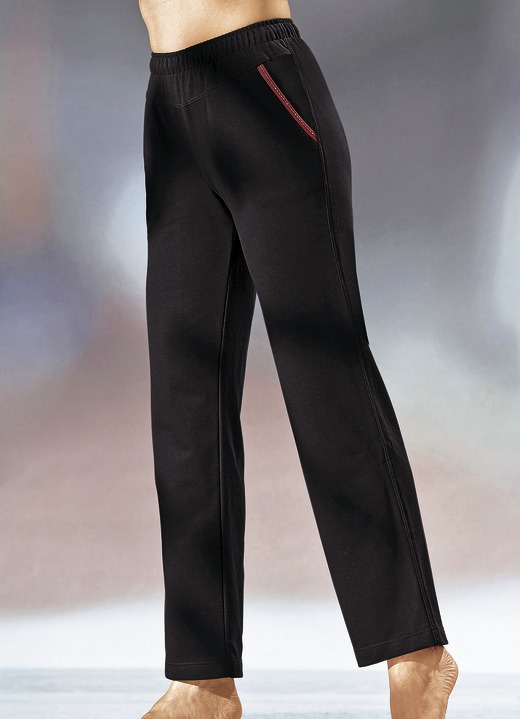 Freizeithosen - Hose mit Glanzgarn besticktem Zierband, in Größe 018 bis 058, in Farbe SCHWARZ Ansicht 1