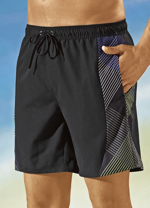 Badeshorts - Badeshorts mit seitlichen Einsätzen, Microfaser, in Größe 005 bis 014, in Farbe SCHWARZ-BLAU-GRÜN