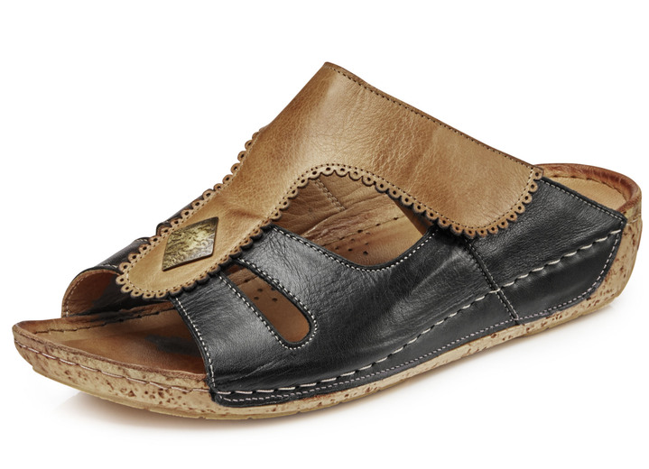 Sandaletten & Pantoletten - Gemini Pantolette mit verstellbarer Klettspange, in Größe 036 bis 041, in Farbe SCHWARZ-COGNAC Ansicht 1