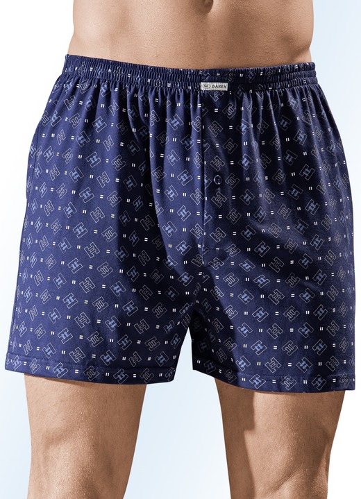 Herrenunterwäsche - Viererpack Boxershorts, bunt dessiniert, in Größe 004 bis 013, in Farbe 2X MARINE-BUNT, 2X JEANSBLAU-BUNT