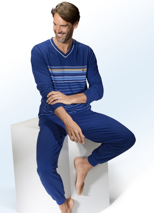 Pyjamas - Pyjama mit V-Ausschnitt und Dehnbund, in Größe 048 bis 062, in Farbe INDIGO-BUNT