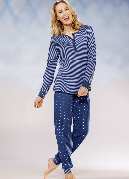 Pyjamas & Shortys - Interlock Pyjama, Langarm mit Knopfleiste und Bündchen, in Größe 032 bis 050, in Farbe INDIGO-HELLBLAU Ansicht 1