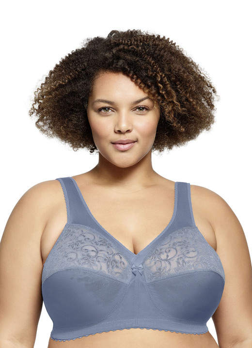 BH ohne Formbügel - Glamorise Stütz-BH mit Spitze, in Größe 080 bis 130, in Cup H, in Farbe RAUCHBLAU Ansicht 1