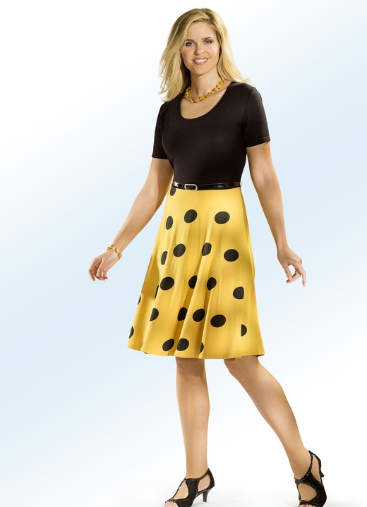 Kurzarm - Kleid in angesagtem Tupfen-Dessin mit Gürtel, in Größe 036 bis 050, in Farbe GELB-SCHWARZ Ansicht 1