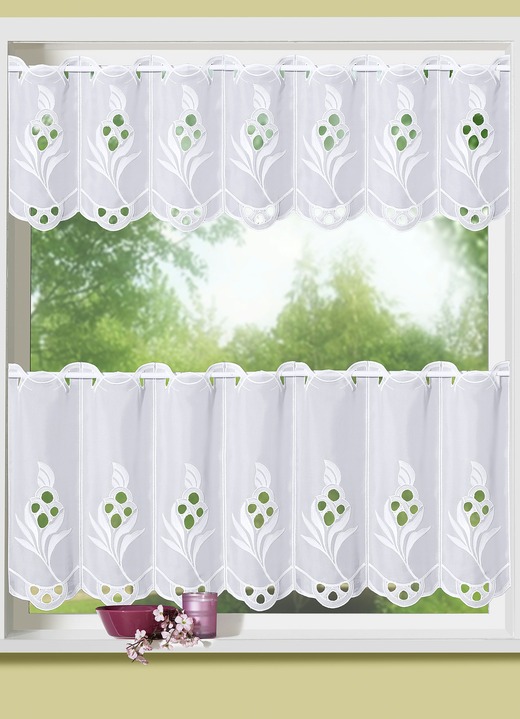 Kurzgardinen - Kurzvorhang mit echter Plauener Stickerei, in Größe 823 (35x120 cm) bis 834 (50x300 cm), in Farbe WEISS Ansicht 1