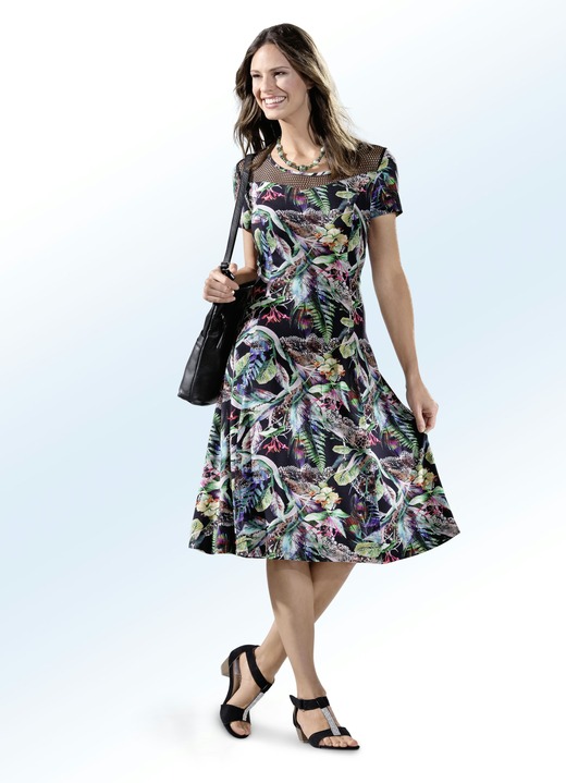 Kleider - Kleid mit Netzeinsatz, in Größe 036 bis 054, in Farbe SCHWARZ-BUNT Ansicht 1