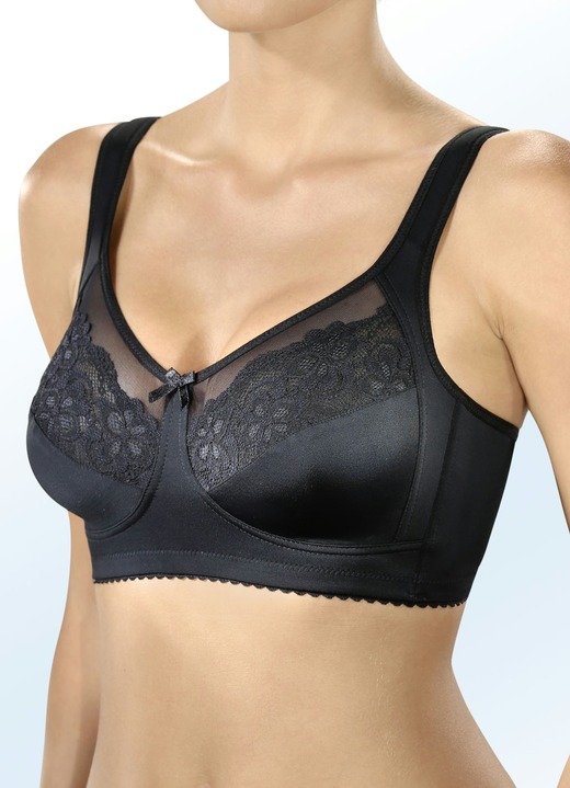 - Formschöner BH mit Elastikspitze und -tüll in den Obercups, in Größe 080 bis 100, in Cup E, in Farbe SCHWARZ Ansicht 1