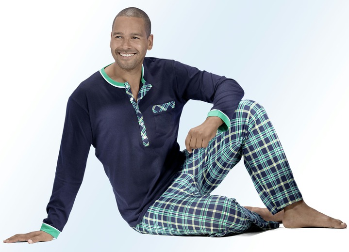 Shortys - Vorteilspack: Pyjama und Shorty mit langer Knopfleiste, Brusttasche und Karodessin, in Größe 046 bis 060, in Farbe MARINE-GRÜN Ansicht 1