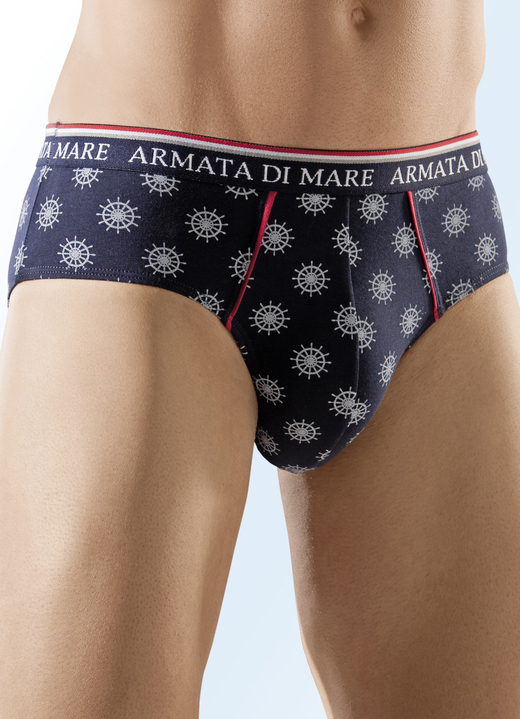 Herrenunterwäsche - Viererpack Slips, bedruckt, in Größe 004 bis 009, in Farbe 3X MARINE-WEISS-ROT, 1X UNI MARINE