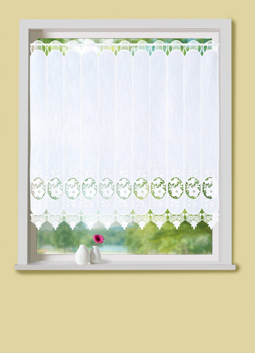 Kurzgardinen - Kurzstore mit Blumen in Macramé-Spitze, in Größe 823 (35x120 cm) bis 890 (90x225 cm), in Farbe WEISS Ansicht 1