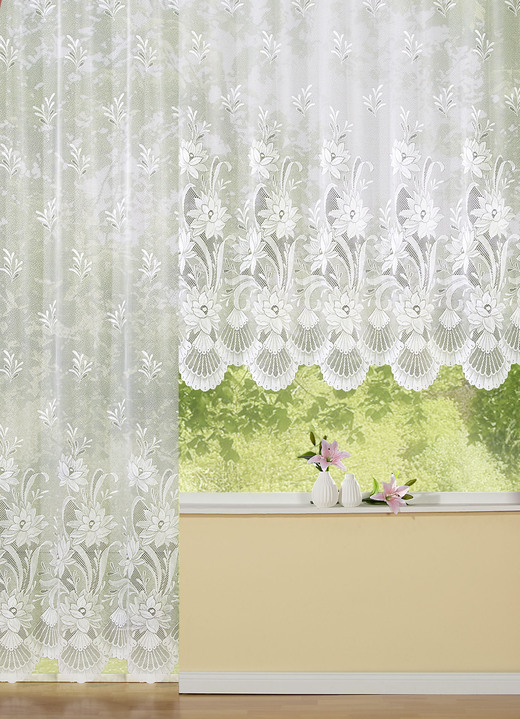 Klassisch - Blumenfenster-Vorhang mit Automatikfaltenband 1:3, in Größe 140 (H120xB300 cm) bis 181 (H175xB600 cm), in Farbe WEISS Ansicht 1