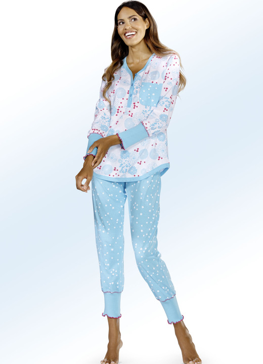 Pyjamas & Shortys - Pyjama mit Bündchen und Knopfleiste, in Größe 032 bis 050, in Farbe WEISS-TÜRKIS Ansicht 1