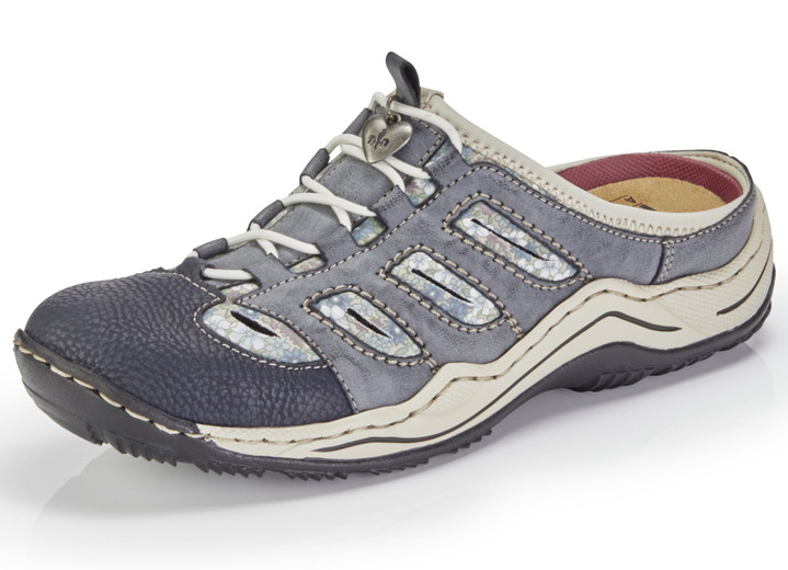 Sport- & Freizeitschuhe - Rieker, klassische Damen-Clogs, mit Elastik-Zierschnürung, in Größe 036 bis 043, in Farbe JEANSBLAU-BEIGE Ansicht 1