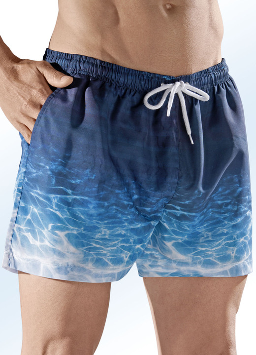 Badeshorts - Badeshorts, Gesässtasche mit Klettverschluss, Microfaser, in Größe 004 bis 012, in Farbe INDIGO-TÜRKIS-WEISS Ansicht 1