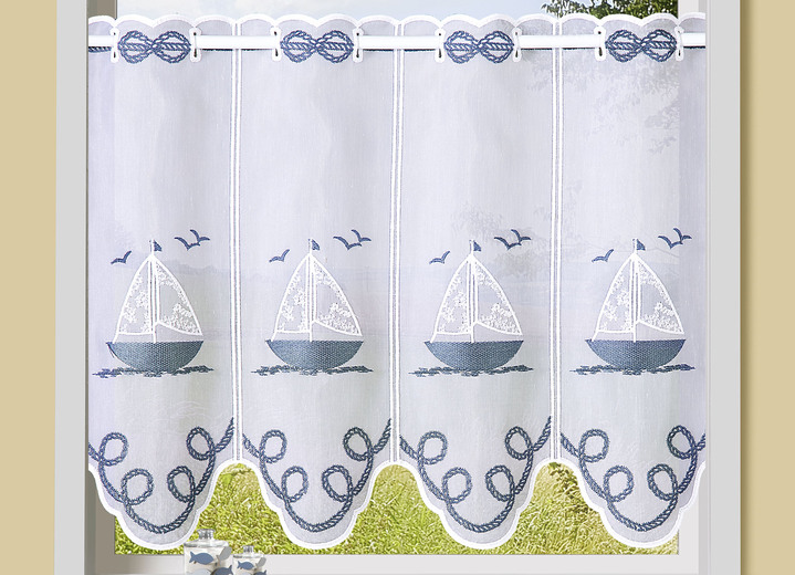 Kurzgardinen - Kurzvorhang aus besticktem Batist mit Stangendurchzug, in Größe 784 (H45xB 90 cm) bis 859 (H60xB155 cm), in Farbe WEISS-BLAU Ansicht 1