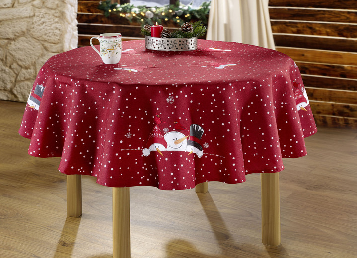 Tischdecken - Zauberhafte Tisch- und Raumdekoration mit Schneemann-Motiven, in Größe 135 (Deckchen, 60/ 60 cm) bis 404 (Kissenbezug, 40/ 40 cm), in Farbe BORDEAUX Ansicht 1