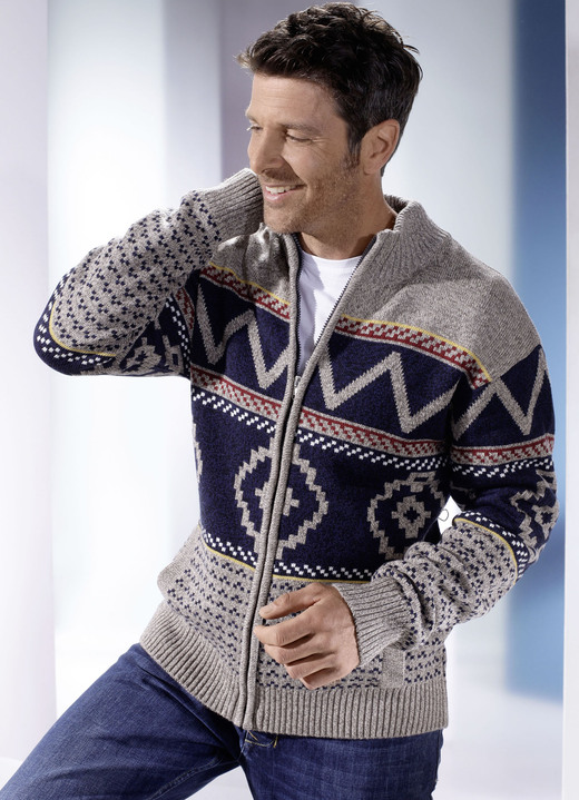 Pullover & Strickmode - Jacke mit durchgehendem Reissverschluss, in Größe 044 bis 062, in Farbe MARINE-BEIGE MELIERT