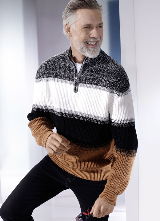 Pullover & Strickmode - Troyer mit kurzem Reissverschluss, in Größe 046 bis 062, in Farbe WEISS-SCHWARZ-CAMEL
