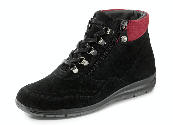 Stiefel & Stiefeletten - Schnür-Bootie mit praktischem Seiteneissverschluss, in Größe 036 bis 042, in Farbe SCHWARZ-ROT Ansicht 1