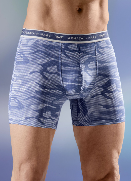 Herrenunterwäsche - Viererpack Pants mit Elastikbund, in Größe 004 bis 009, in Farbe 2X JEANSBLAU-WEISS, 2X UNI JEANSBLAU
