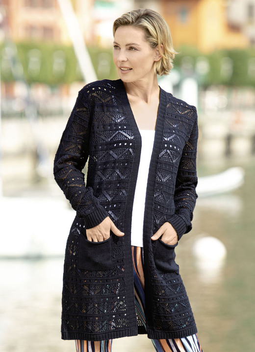 Strickjacken - Long-Strickjacke mit Ajourdessin, in Größe 036 bis 052, in Farbe MARINE Ansicht 1