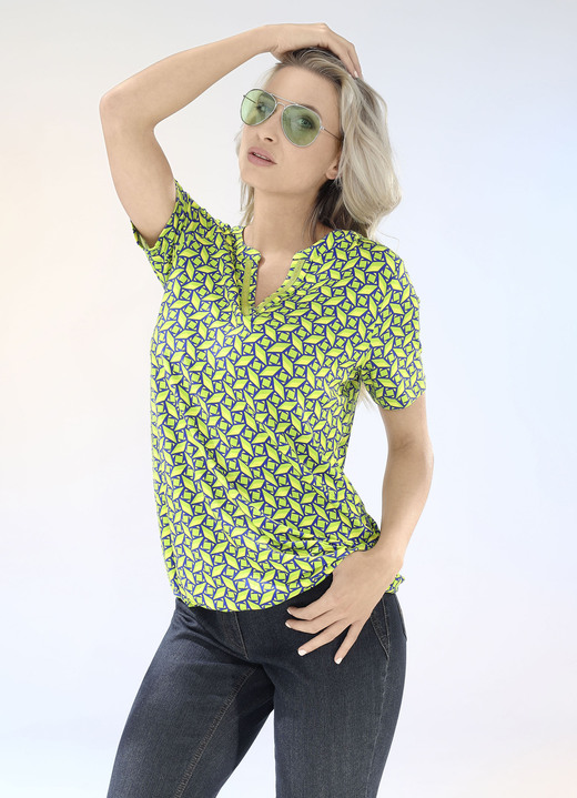 - Shirt mit Zierband am V-Schlitz, in Größe 034 bis 052, in Farbe GRÜN-GELB-ROYALBLAU
