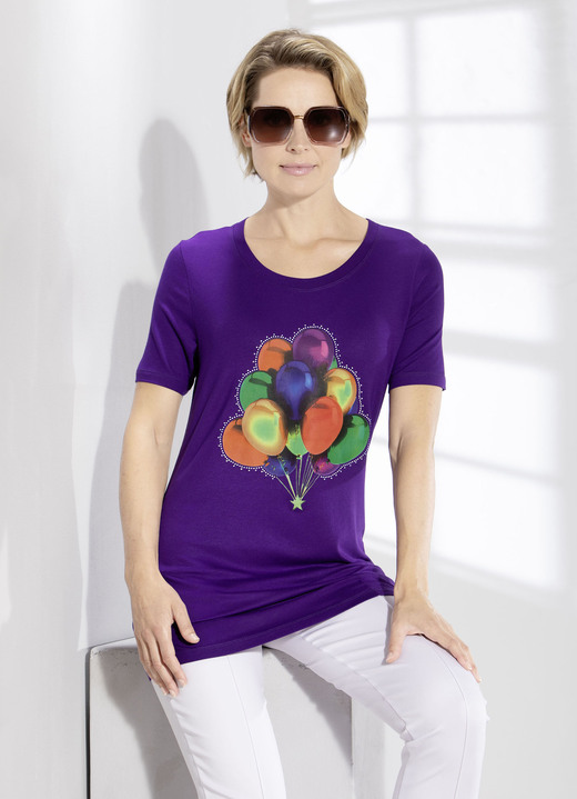 Shirts - Longshirt mit Strasszier , in Größe 038 bis 056, in Farbe LILA