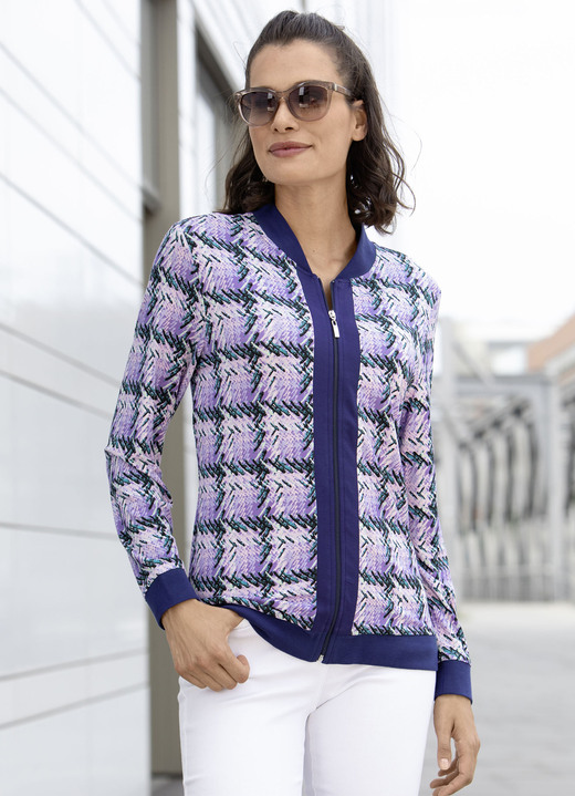 Langarm - Blusenjacke mit Rippenstrick Langarm - Blusenjacke mit Rippenstrick, in Größe 036 bis 052, in Farbe LILA-MARINE-BUNT