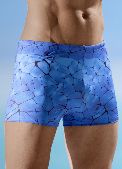 Badehosen - Badehose in höherer Kastenform mit Reissverschlusstasche, in Größe 004 bis 013, in Farbe BLAU-SCHWARZ
