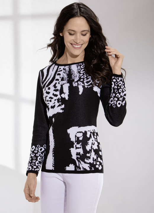 Pullover - Pullover in Jacquard-Dessin, in Größe 038 bis 054, in Farbe SCHWARZ-WEISS