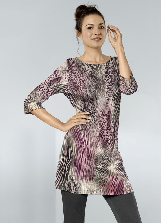 Pullover - Strick-Tunika mit Tierfelldessin, in Größe 038 bis 054, in Farbe ROSÉ-MULTICOLOR