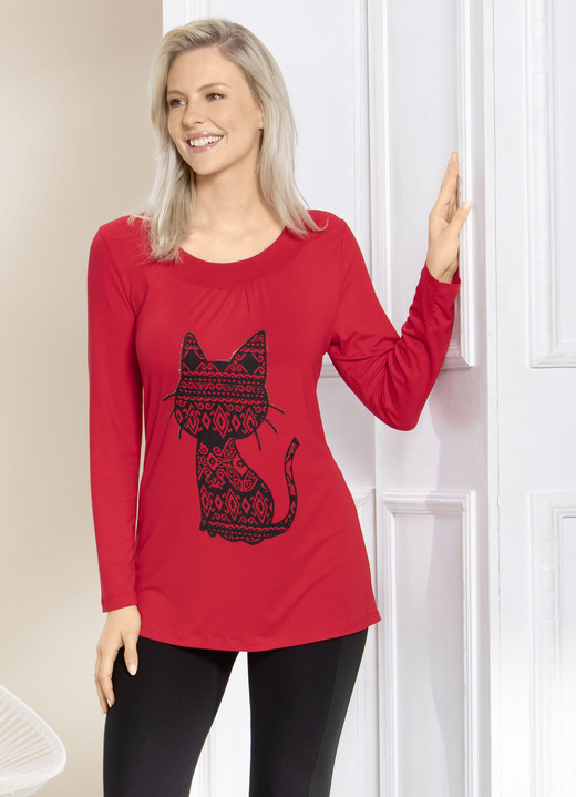 Shirts - Shirt mit Katzen-Motiv in 2 Farben, in Größe 038 bis 054, in Farbe ROT Ansicht 1