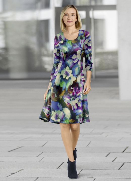Langarm - Kleid in Premium-Qualität, in Größe 036 bis 052, in Farbe BLAU-BEERE-BUNT