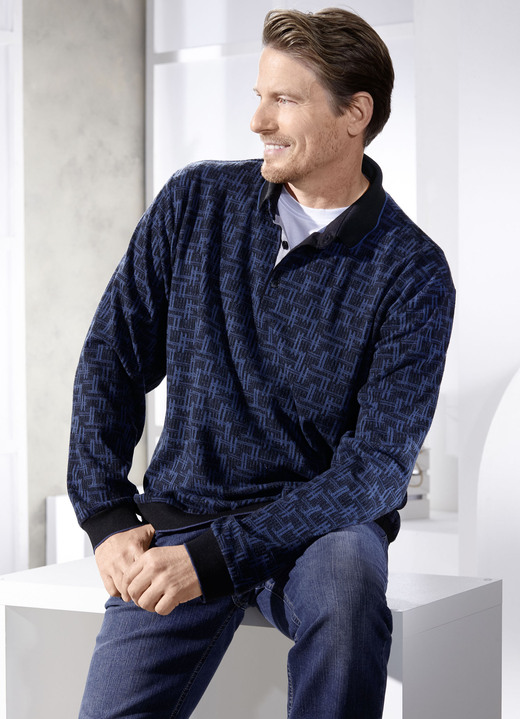 Shirts - Poloshirt mit Strickkragen, in Größe 046 bis 058, in Farbe SCHWARZ-DUNKELBLAU