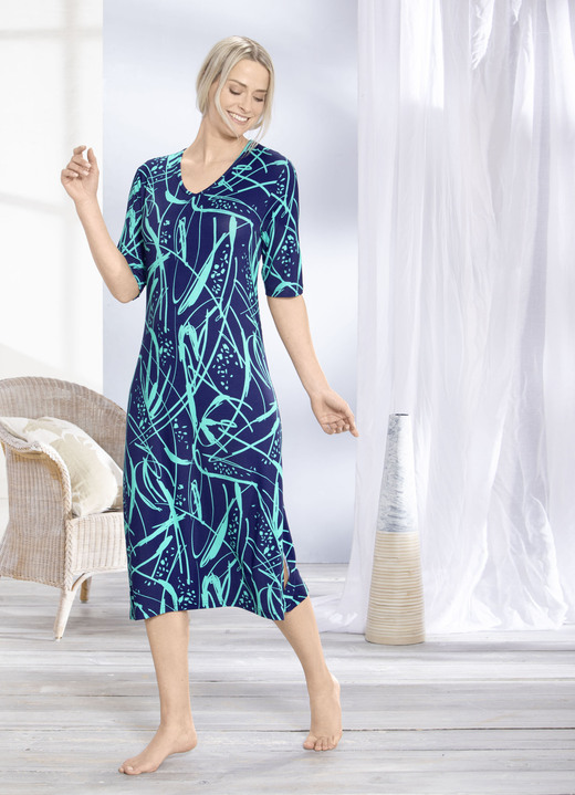 Homewear & Freizeitmode - Hauskleid mit V-Ausschnitt, in Größe 038 bis 062, in Farbe MARINE-MINT