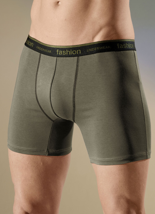 Herrenunterwäsche - Viererpack Pants mit Elastikbund, in Größe 005 bis 011, in Farbe 2X OLIV, 2X AUBERGINE