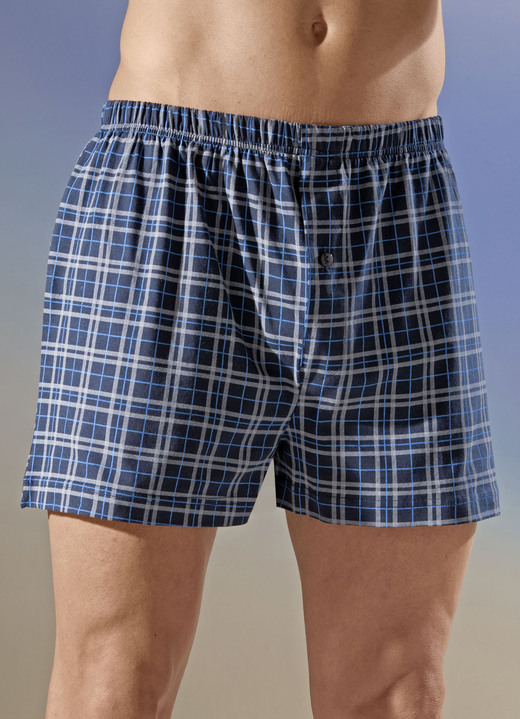 Herrenunterwäsche - Viererpack Boxershorts mit Karodessin, in Größe 005 bis 016, in Farbe 2X MARINE-GRAU, 2X GRAU-MARINE