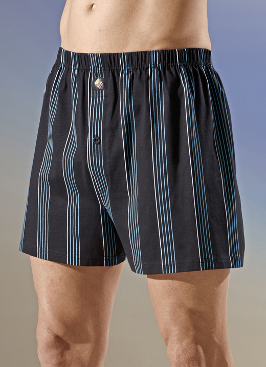 Herrenunterwäsche - Viererpack Boxershorts mit Streifendessin, in Größe 005 bis 016, in Farbe 2X SCHWARZ-TÜRKIS, 2X MARINE-TÜRKIS