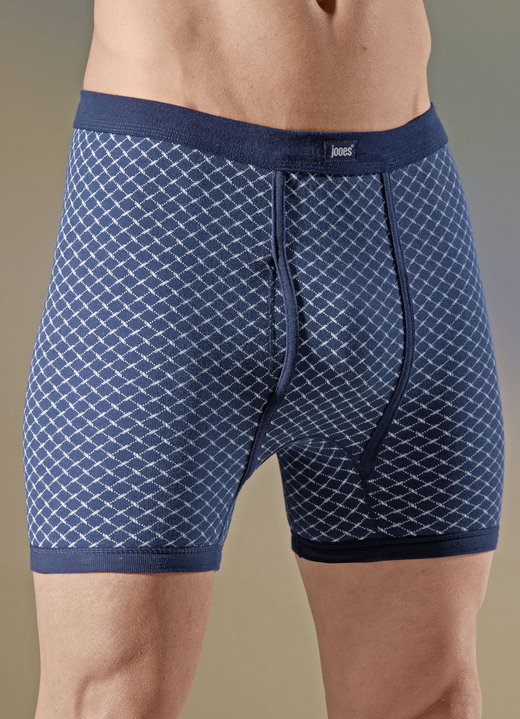 Herrenunterwäsche - Viererpack Unterhosen, allover dessiniert, in Größe 005 bis 014, in Farbe 2X MARINE-WEISS, 2X GRAU MELIERT-MARINE
