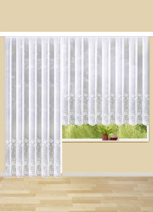 Klassisch - Vorhang mit Blätter-Stickerei und Universalschienenband, in Größe 160 (H145xB300 cm) bis 291 (H245xB450 cm), in Farbe WEISS Ansicht 1
