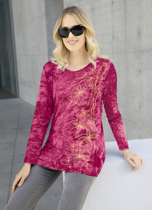 Shirts mit Strass - Interessantes Shirt in Batikoptik in 3 Farben Shirts mit Strass - Interessantes Shirt in Batikoptik in 3 Farben, in Größe 038 bis 054, in Farbe BORDEAUX BATIK