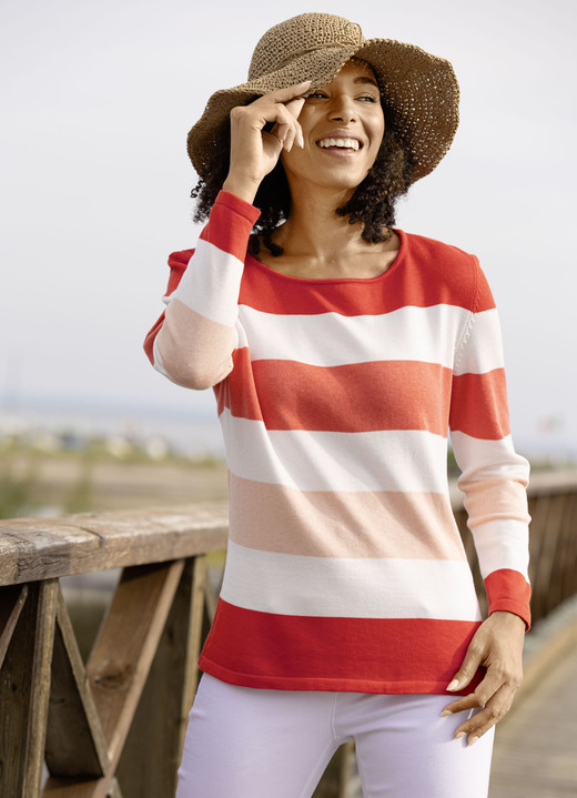 Langarm - Pullover in Blockringeldessin, in Größe 036 bis 052, in Farbe ORANGE-APRICOT-WEISS